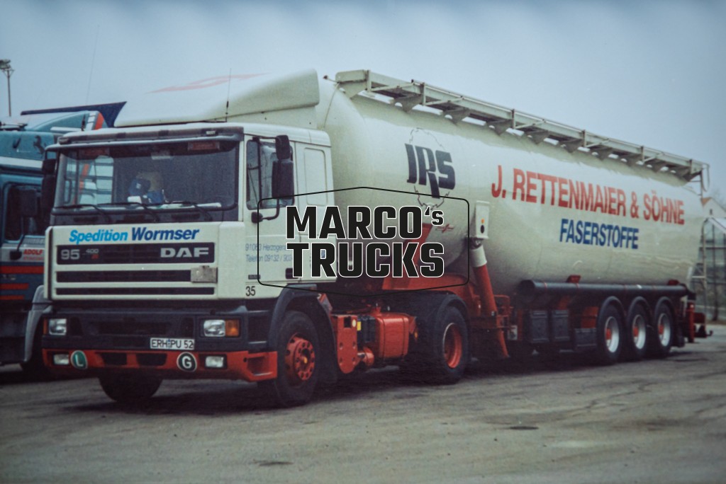 LKW Foto DAF 95 400 Silo-Sattelauflieger Deutschland wei Spedition Wormser  J. RETTENMAIER & SHNE FASERSTOFF #e3kj