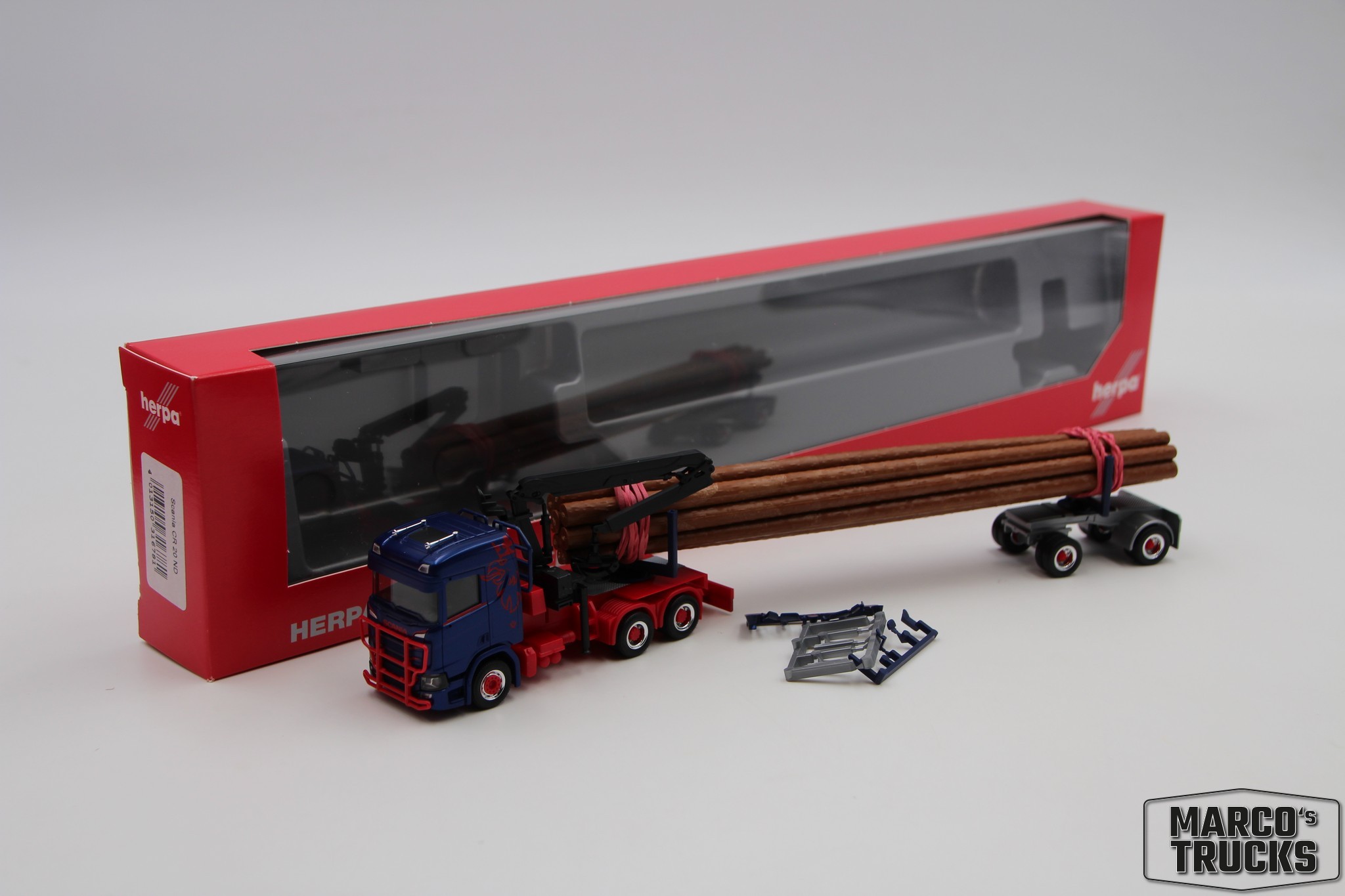 Herpa Scania Cr 20 Nd Langholz Transporter Rot Blau Nr 316781 1 87 Hn2670